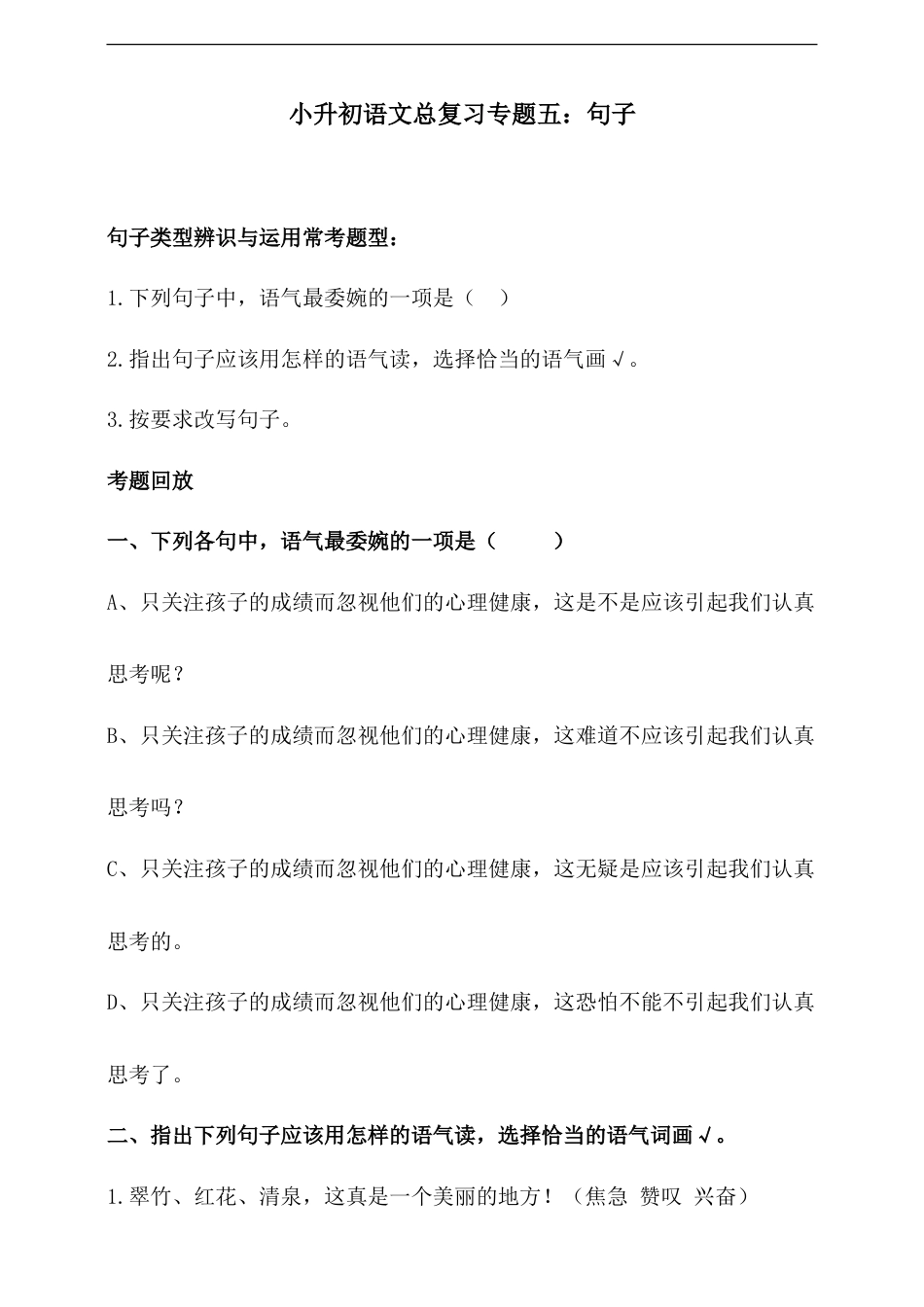 人教统编版小升初语文总复习专题五·句子（类型辨识与运用）同步练习（含答案）.doc