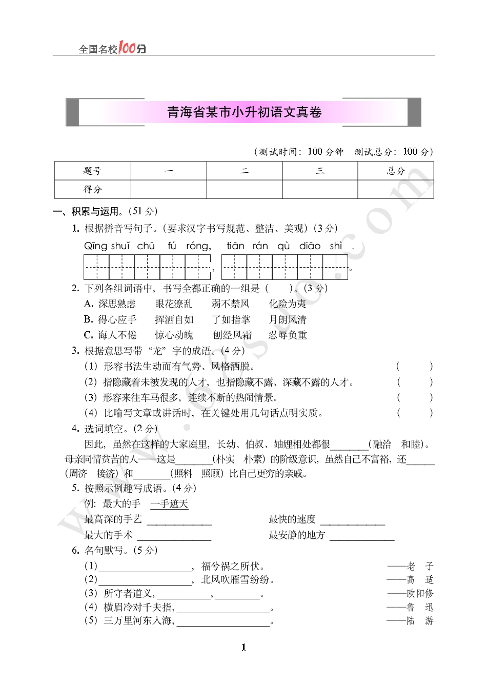 青海省某市小升初语文真卷含答案.pdf
