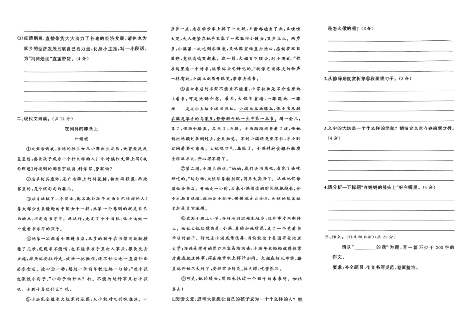 小升初语文分班试卷河南省SY中学AK新生入学分班卷.pdf