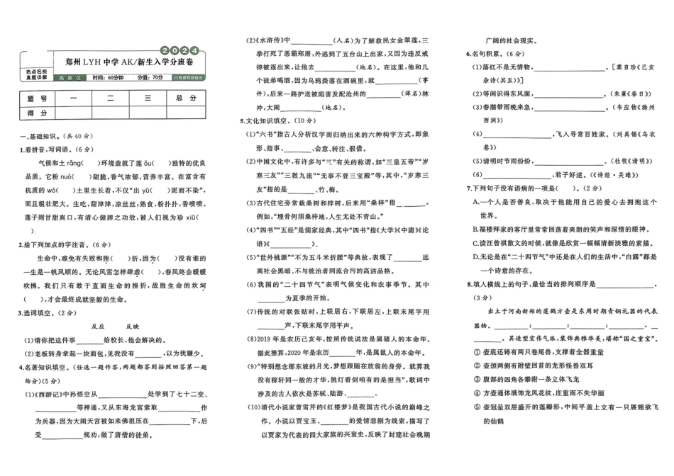 小升初语文分班试卷郑州LYH中学  AK新生入学分班卷.pdf