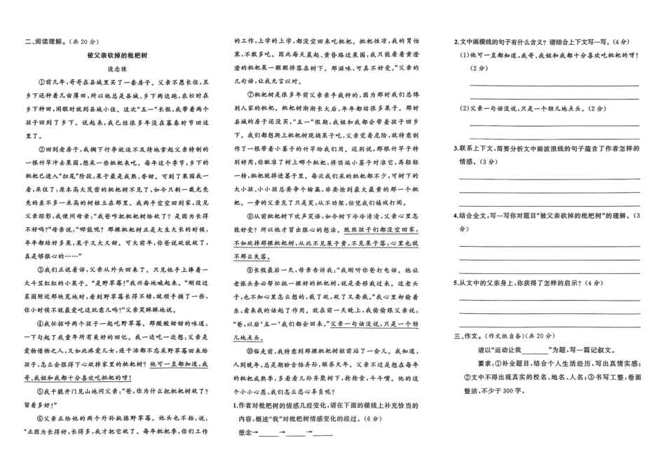 小升初语文分班试卷郑州D58中学 AK新生入学分班卷.pdf