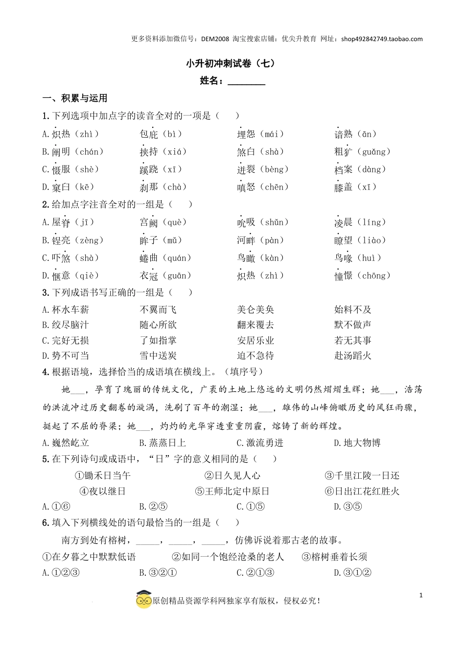 语文小升初模拟冲刺试卷（七） - 2024-2025学年语文小升初模拟演练冲刺试卷  A4版 学生版.docx