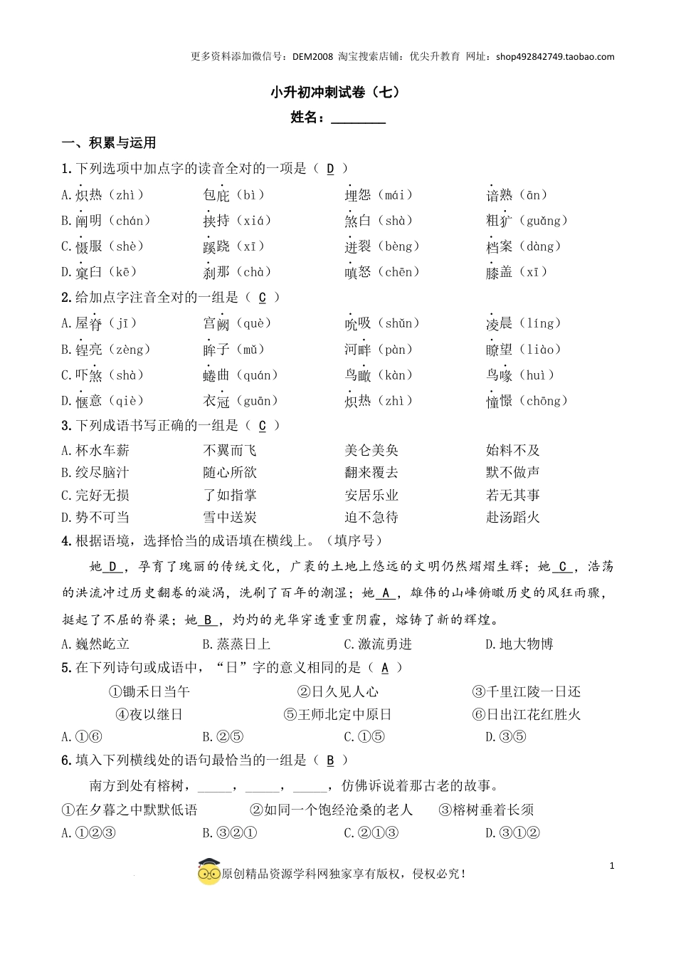 语文小升初模拟冲刺试卷（七） - 2024-2025学年语文小升初模拟演练冲刺试卷  A4版 教师版.docx