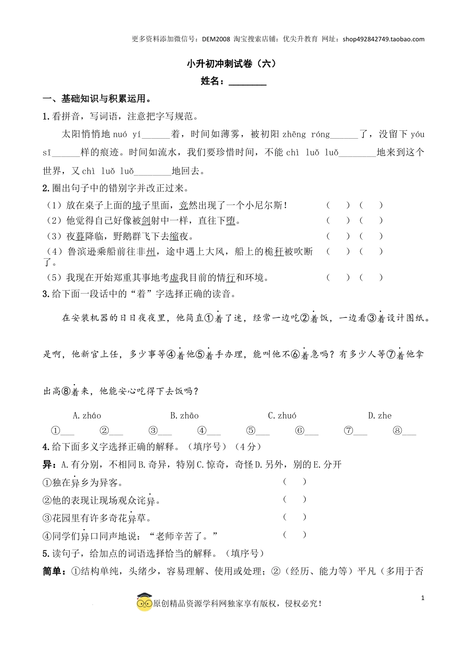 语文小升初模拟冲刺试卷（六） - 2024-2025学年语文小升初模拟演练冲刺试卷  A4版 学生版.docx