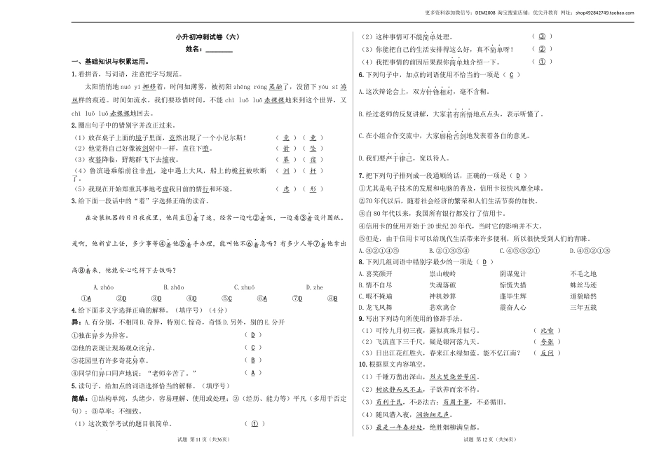 语文小升初模拟冲刺试卷（六） - 2024-2025学年语文小升初模拟演练冲刺试卷  A3版 教师版.docx