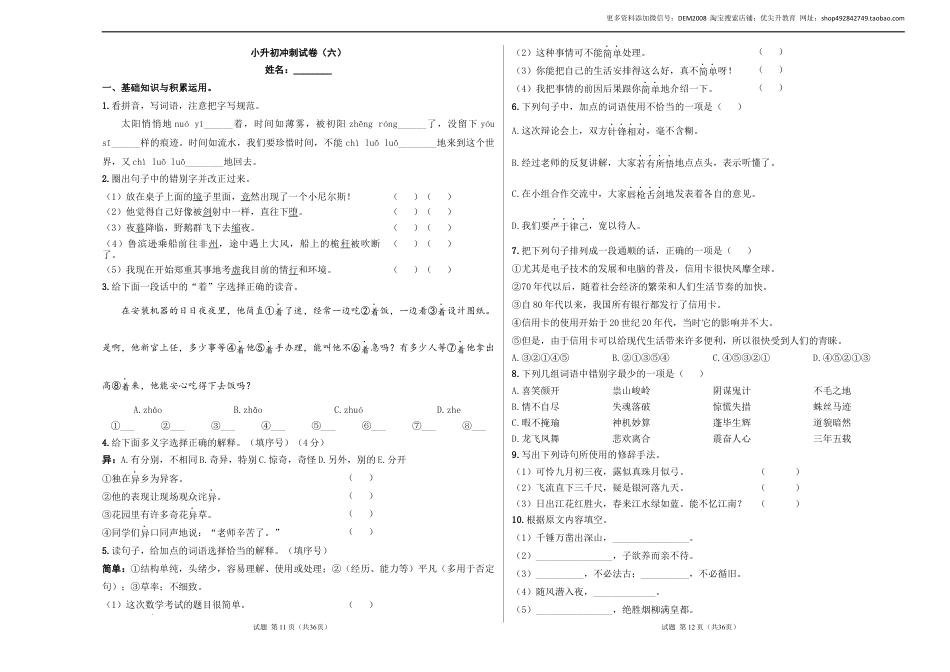 语文小升初模拟冲刺试卷（六） - 2024-2025学年语文小升初模拟演练冲刺试卷  A3版 学生版.docx