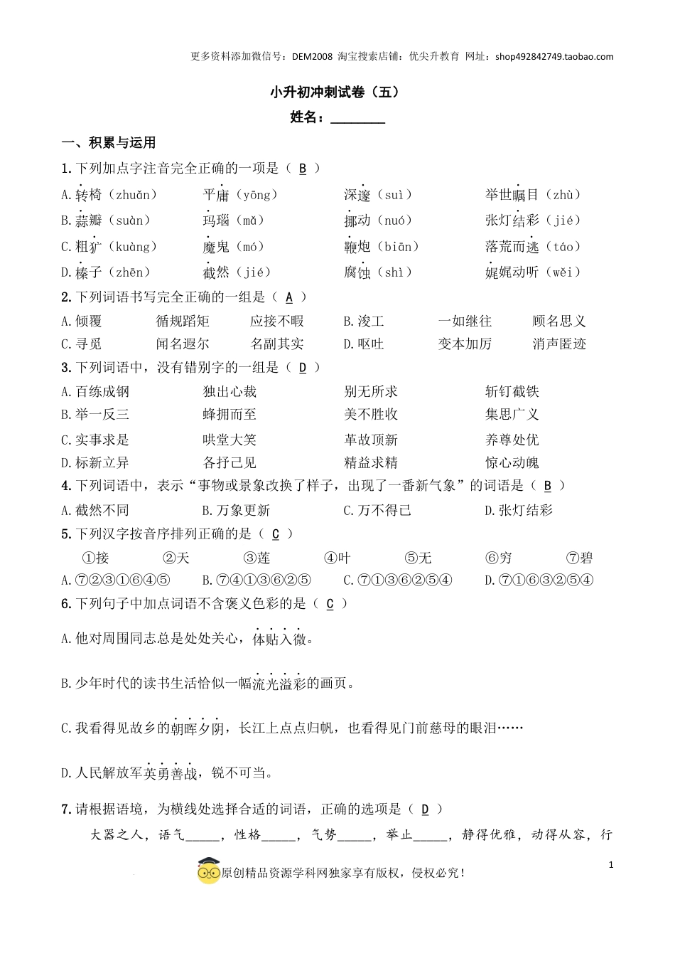 语文小升初模拟冲刺试卷（五） - 2024-2025学年语文小升初模拟演练冲刺试卷  A4版 教师版.docx