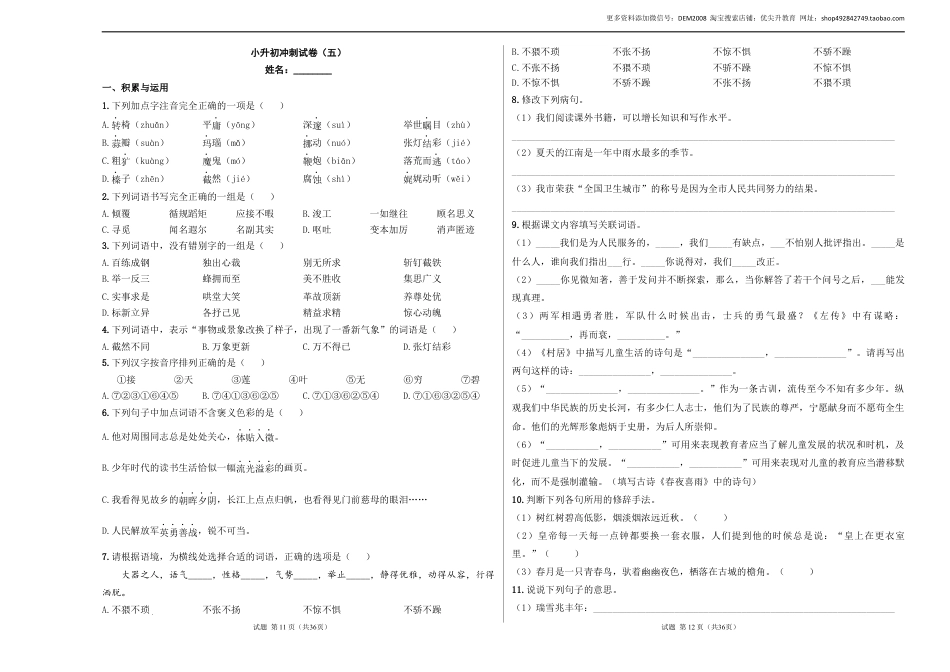 语文小升初模拟冲刺试卷（五） - 2024-2025学年语文小升初模拟演练冲刺试卷  A3版 学生版.docx