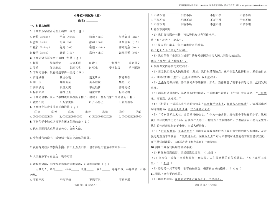 语文小升初模拟冲刺试卷（五） - 2024-2025学年语文小升初模拟演练冲刺试卷  A3版 教师版.docx