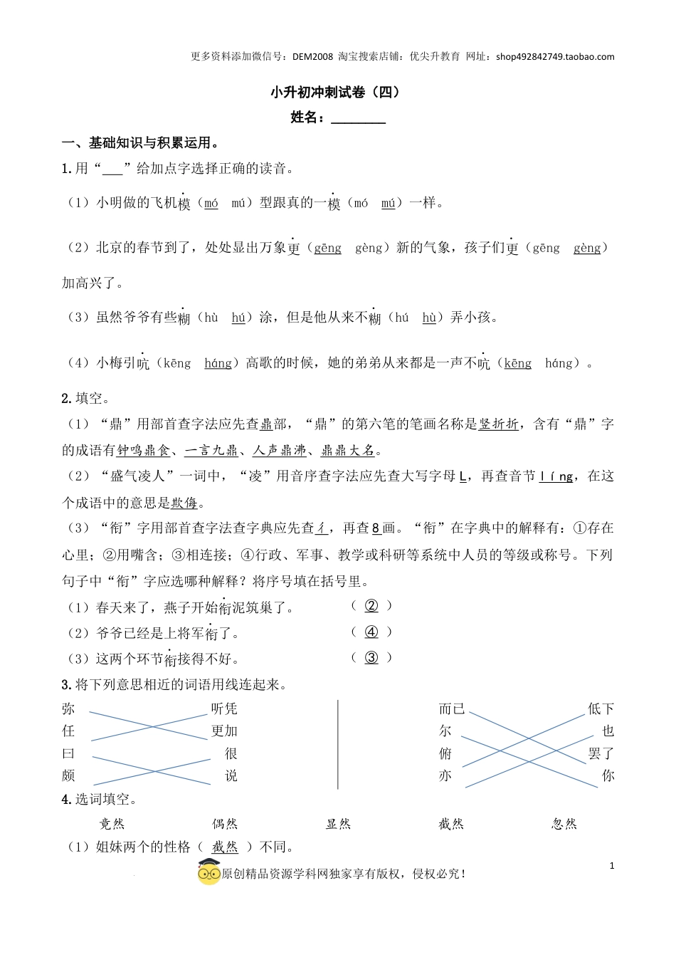 语文小升初模拟冲刺试卷（四） - 2024-2025学年语文小升初模拟演练冲刺试卷  A4版 教师版.docx