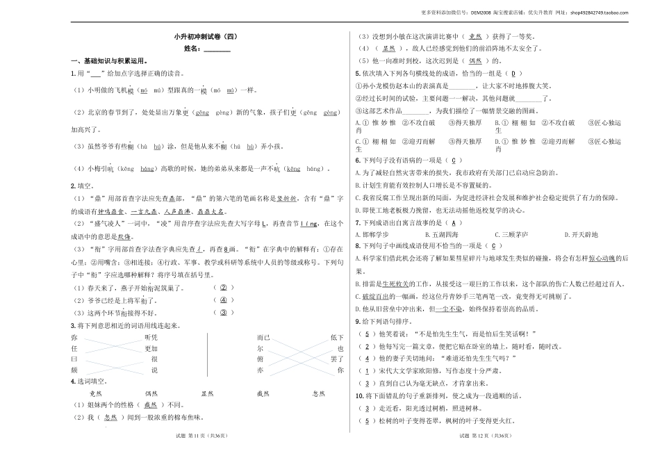 语文小升初模拟冲刺试卷（四） - 2024-2025学年语文小升初模拟演练冲刺试卷  A3版 教师版.docx