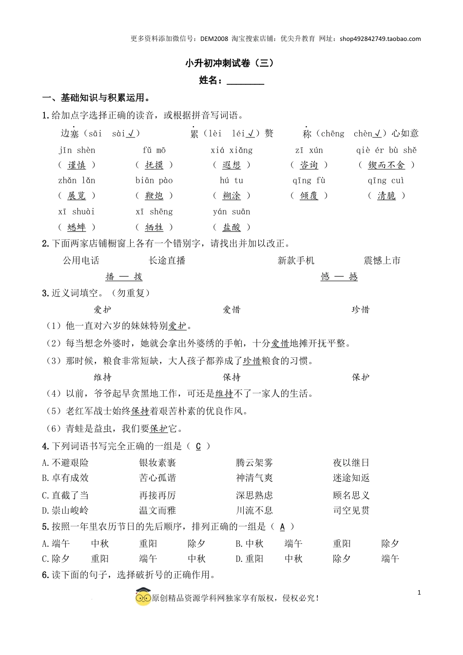 语文小升初模拟冲刺试卷（三） - 2024-2025学年语文小升初模拟演练冲刺试卷  A4版 教师版.docx