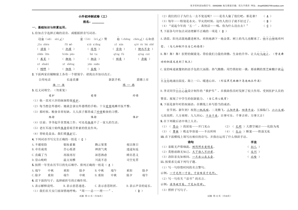 语文小升初模拟冲刺试卷（三） - 2024-2025学年语文小升初模拟演练冲刺试卷  A3版 教师版.docx