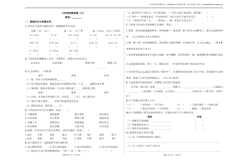 语文小升初模拟冲刺试卷（三） - 2024-2025学年语文小升初模拟演练冲刺试卷  A3版 学生版.docx