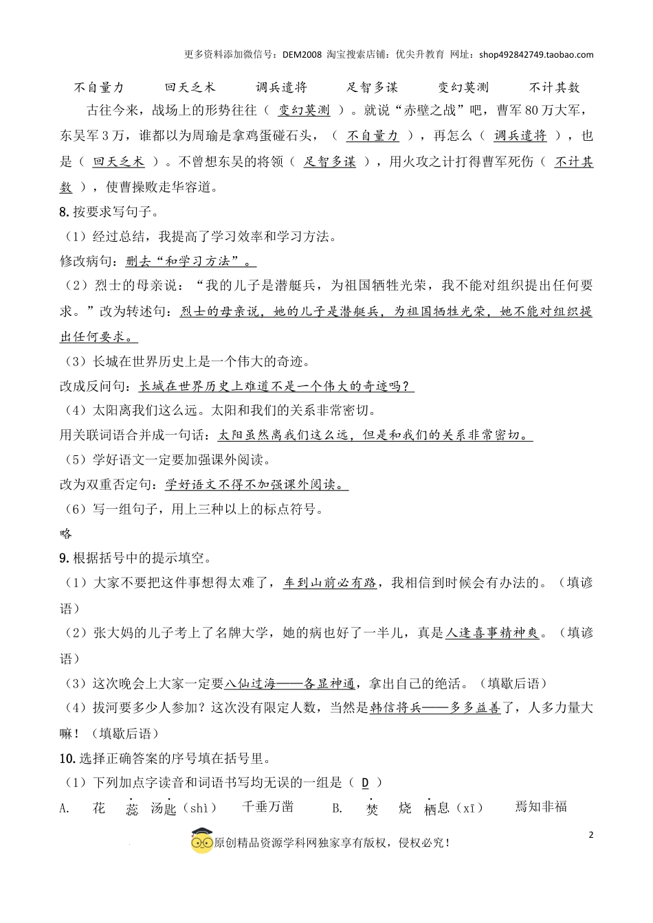 语文小升初模拟冲刺试卷（二） - 2024-2025学年语文小升初模拟演练冲刺试卷  A4版 教师版.docx