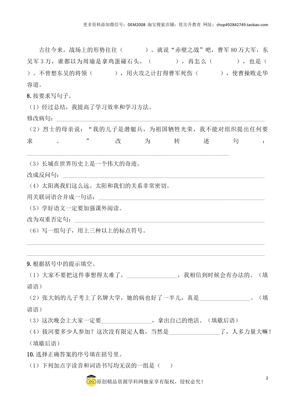 语文小升初模拟冲刺试卷（二） - 2024-2025学年语文小升初模拟演练冲刺试卷  A4版 学生版.docx