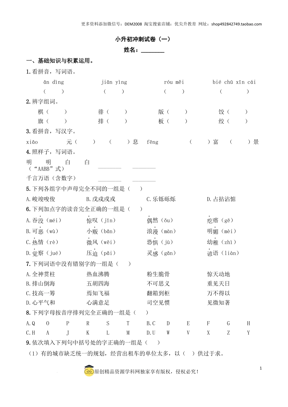 语文小升初模拟冲刺试卷（一） - 2024-2025学年语文小升初模拟演练冲刺试卷  A4版 学生版.docx