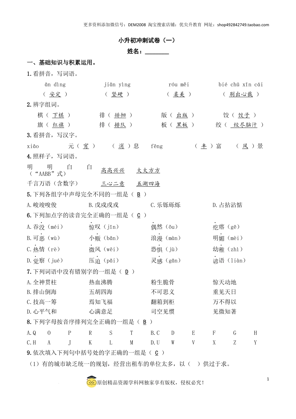 语文小升初模拟冲刺试卷（一） - 2024-2025学年语文小升初模拟演练冲刺试卷  A4版 教师版.docx