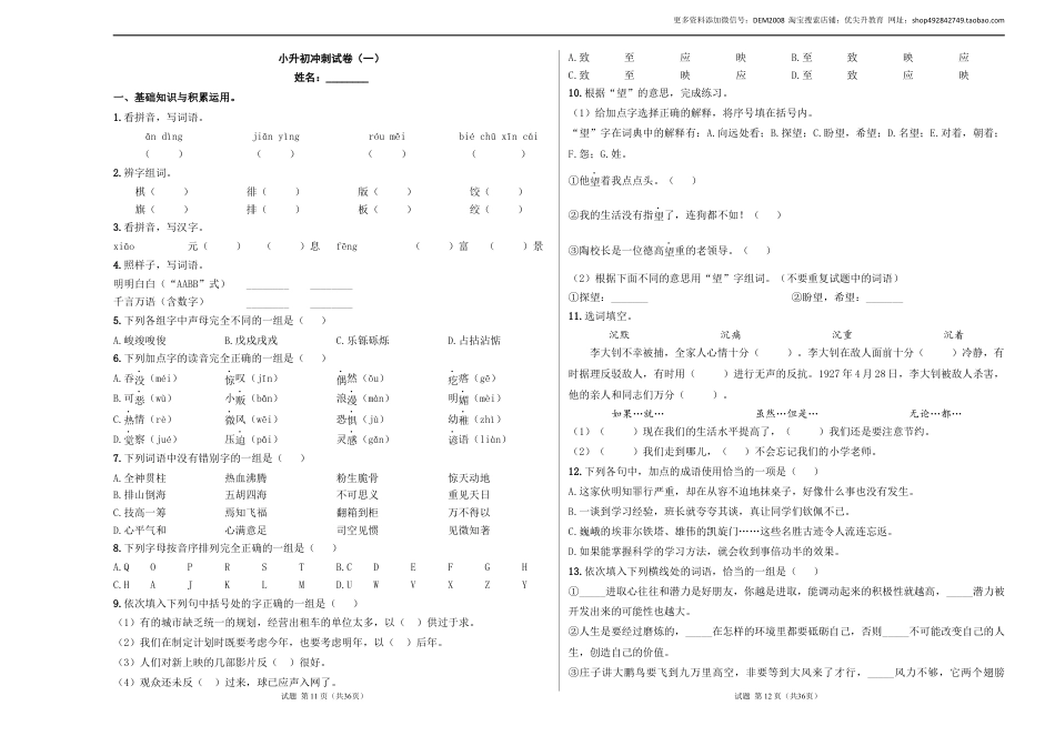 语文小升初模拟冲刺试卷（一） - 2024-2025学年语文小升初模拟演练冲刺试卷  A3版 学生版.docx