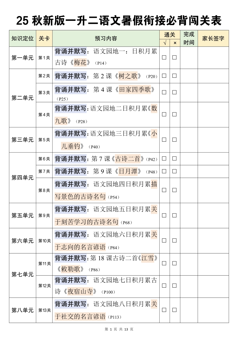 【25秋新版一升二语文暑假衔接必背闯关表（13页）.pdf