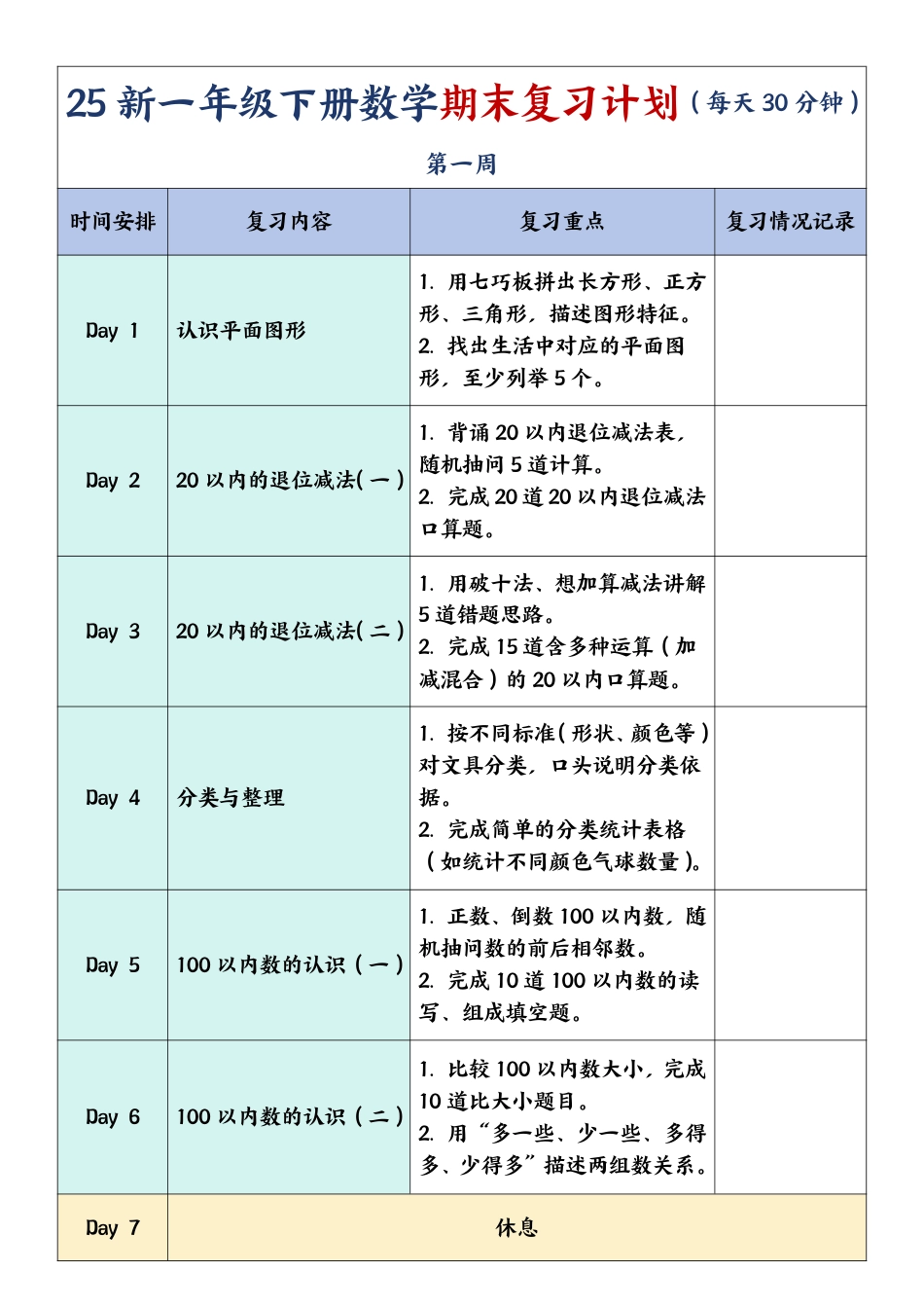 一年级下册数学期末复习计划及单元练习题.pdf