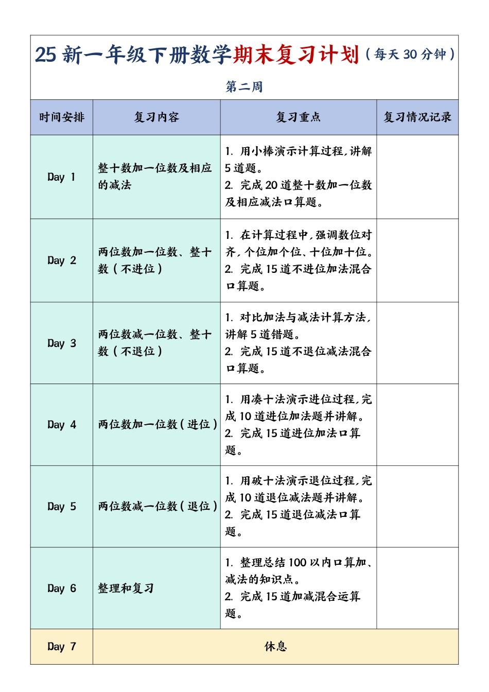 一年级下册数学期末复习计划及单元练习题.pdf