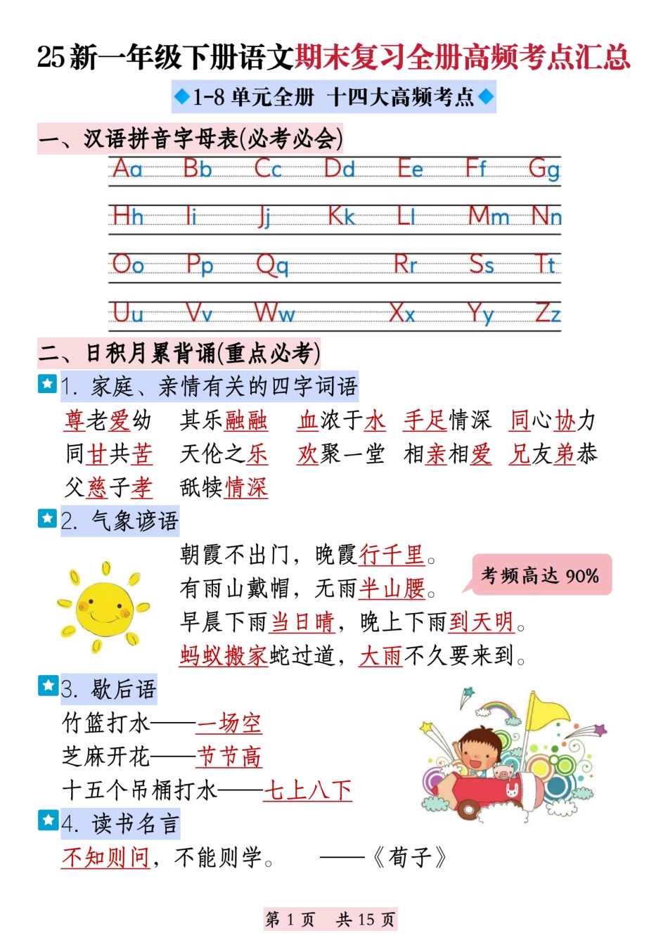 【25新-期末复习全册高频考点汇总（十四大高频考点）15页】一下语文.pdf