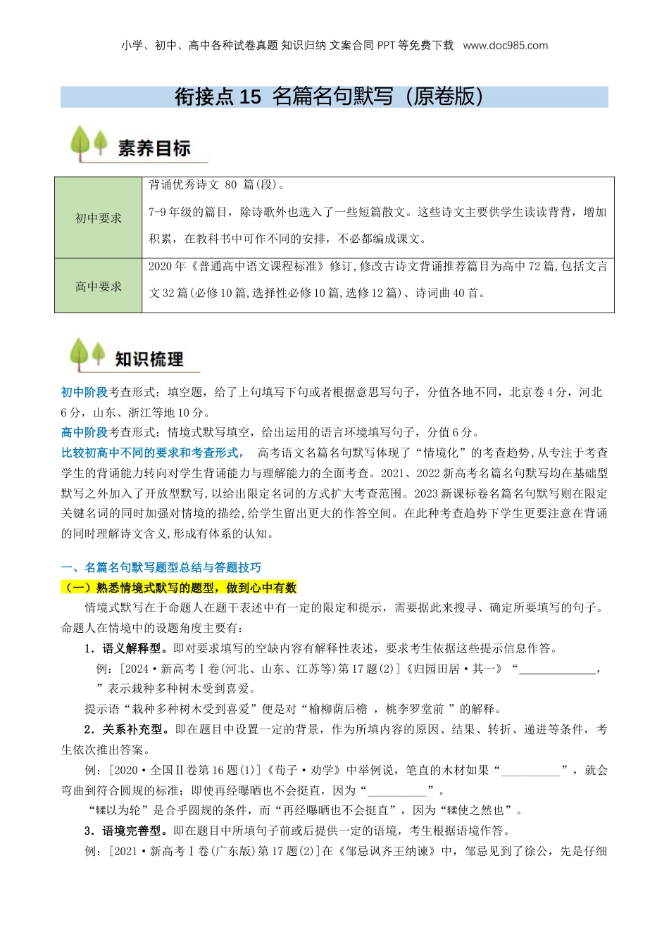 （人教版）第1部分 暑假衔接 15 名篇名句默写（学生版）-2024年初升高语文暑假精品讲义.docx