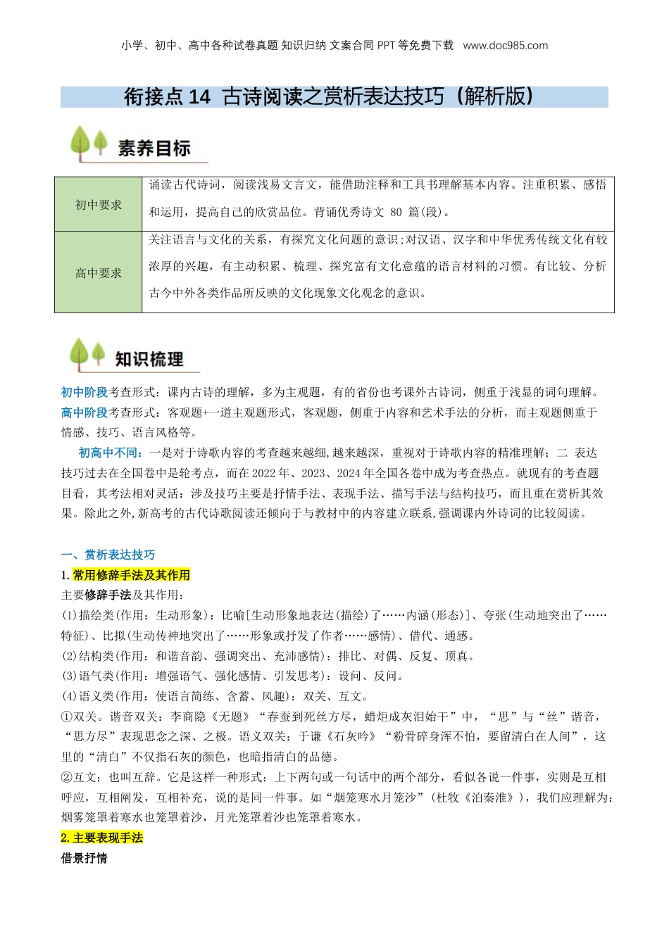 （人教版）第1部分 暑假衔接 14 古诗阅读之赏析表达技巧（教师版）-2024年初升高语文暑假精品讲义.docx