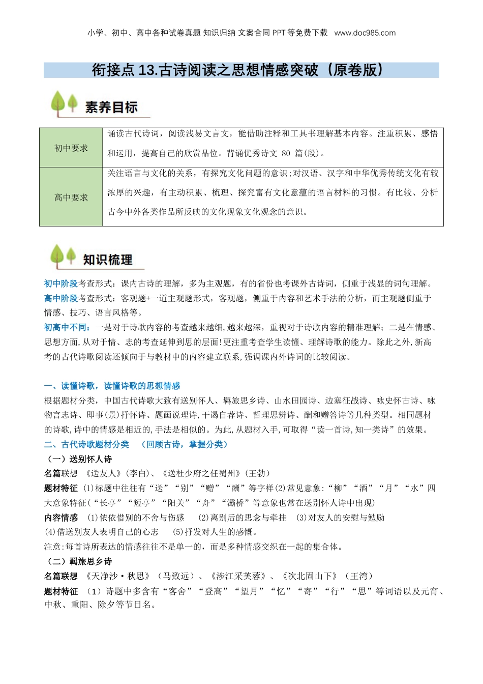 （人教版）第1部分 暑假衔接 13 古诗阅读之思想情感突破（学生版）-2024年初升高语文暑假精品讲义.docx