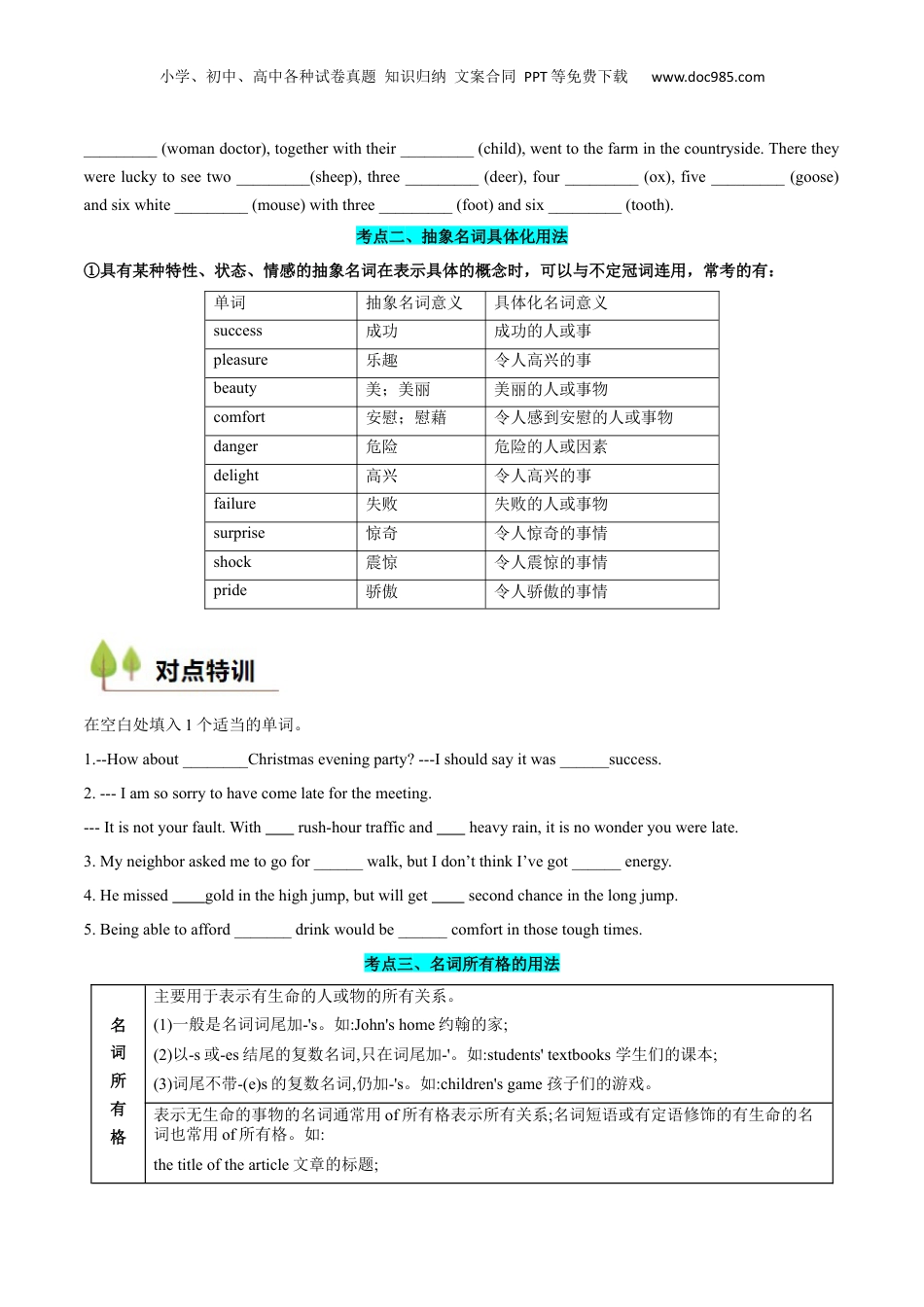 （人教版）第1部分-专题01 名词、冠词（初高考点差异及衔接）（学生版）-初升高英语暑假衔接.docx