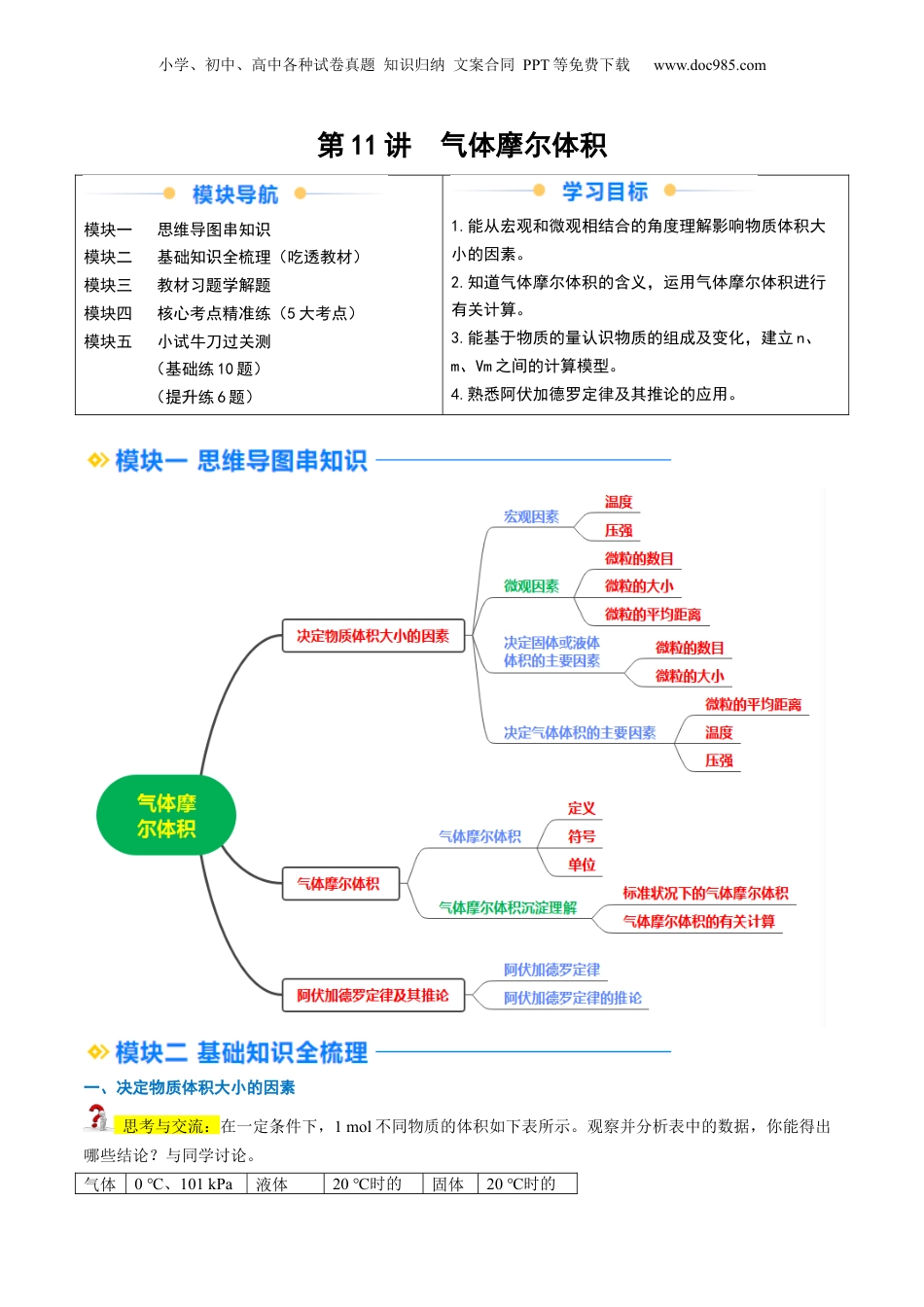 第11讲 气体摩尔体积（教师版）-新高一化学暑假精品讲义（人教版）.docx