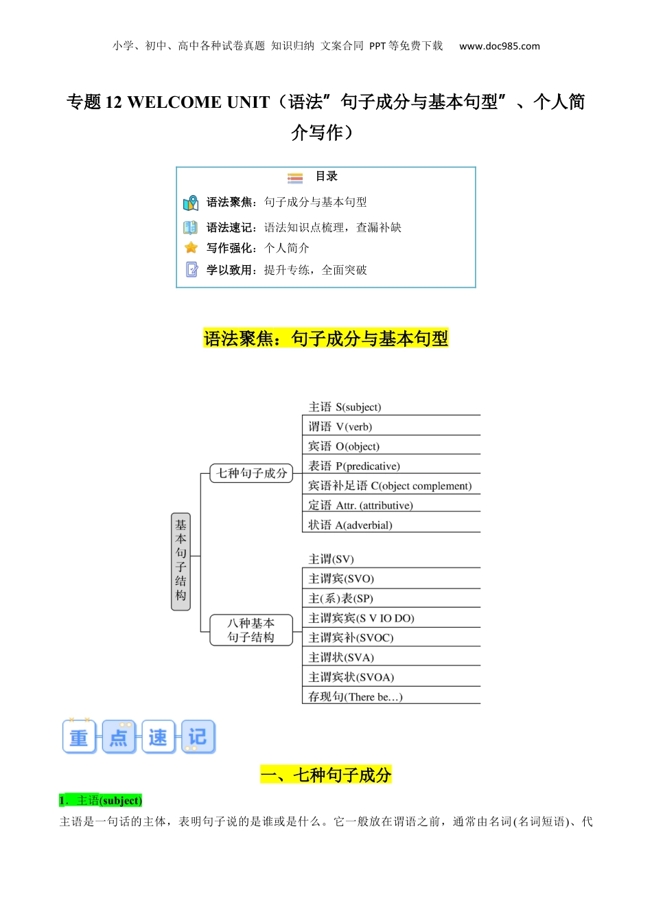 第2部分-预习-专题12 WELCOME UNIT（语法“句子成分与基本句型”、个人简介写作）（学生版）-新高一英语暑假讲义（人教版）.docx