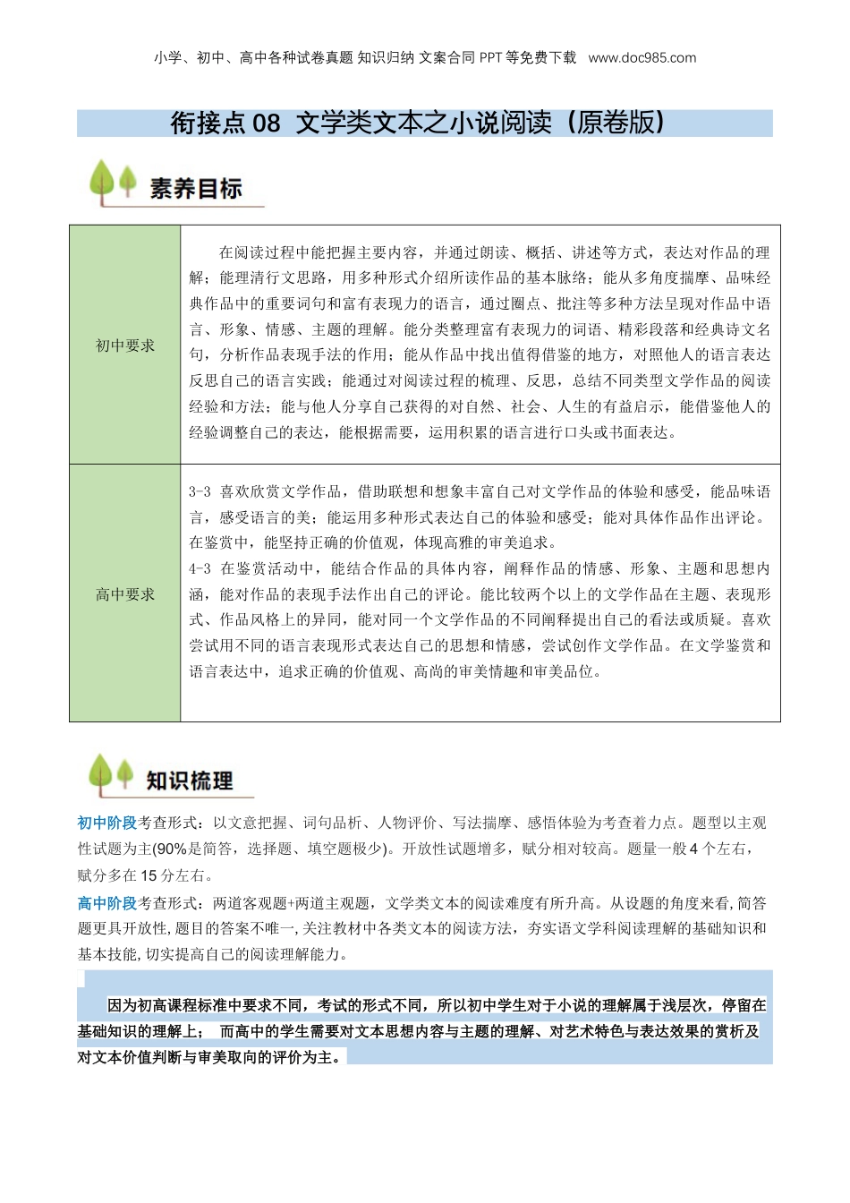（人教版）第1部分 暑假衔接 08 文学类文本之小说阅读（学生版）-2024年初升高语文暑假精品讲义.docx