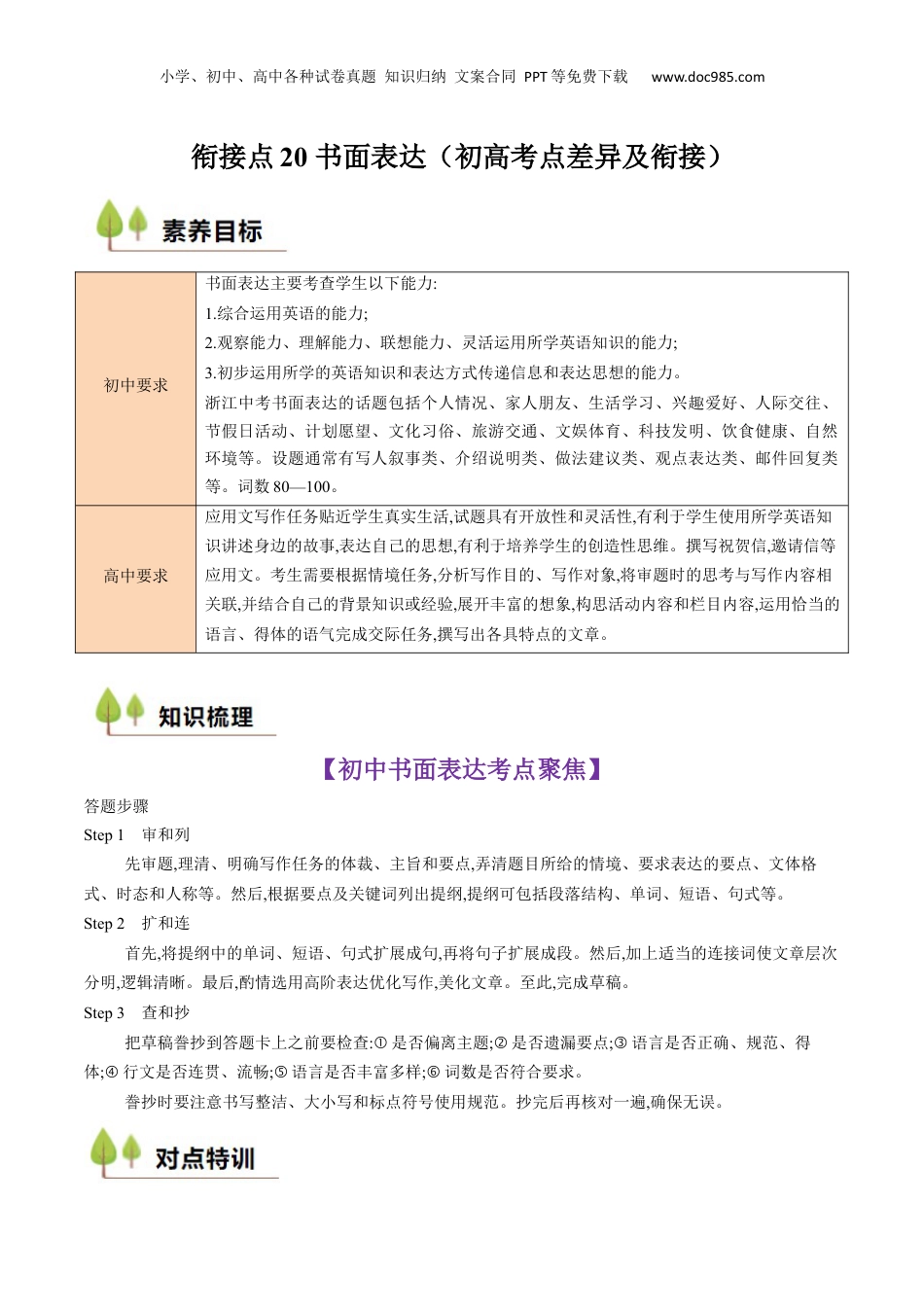 （人教版）第1部分-专题20 书面表达（初高考点差异及衔接）（教师版）-初升高英语暑假衔接.docx