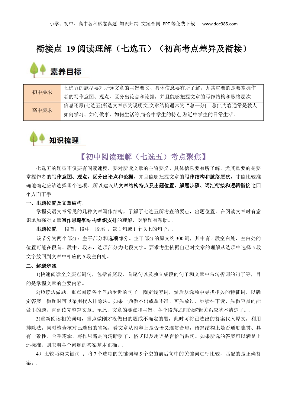 （人教版）第1部分-专题19 阅读理解（七选五） （初高考点差异及衔接）（学生版）-初升高英语暑假衔接.docx