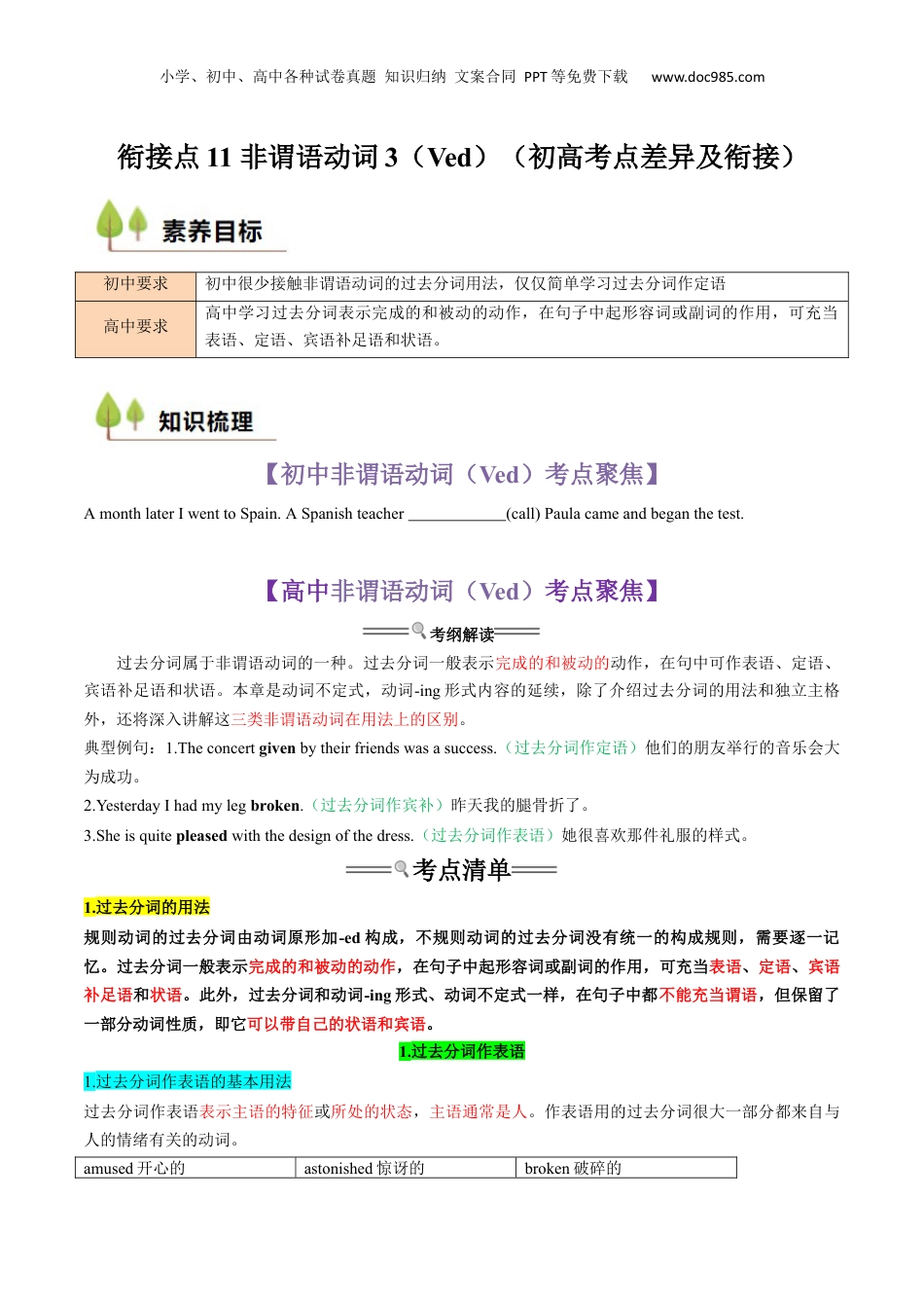 （人教版）第1部分-专题11 非谓语动词3（Ved）（初高考点差异及衔接）（学生版）-初升高英语暑假衔接.docx