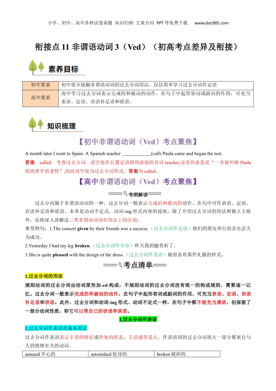 （人教版）第1部分-专题11 非谓语动词3（Ved）（初高考点差异及衔接）（教师版）-初升高英语暑假衔接.docx