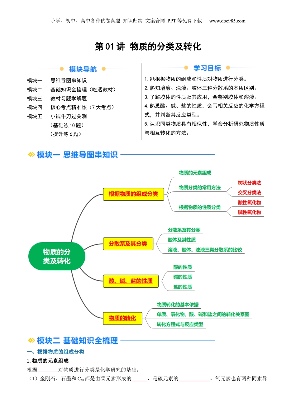 第01讲 物质的分类与转化（学生版）-新高一化学暑假精品讲义（人教版）.docx