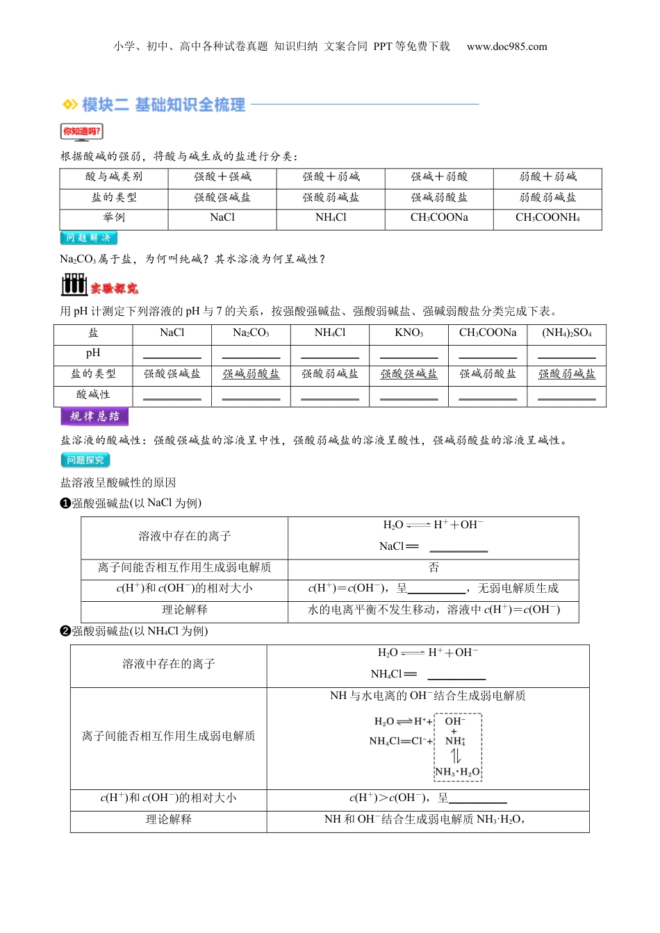 【暑假衔接】新高二化学暑假精品课第2部分-预习-第11讲 盐类的水解（学生版）-新高二化学暑假精品讲义（人教版）.docx
