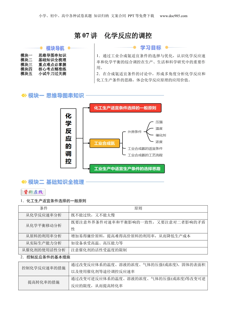 【暑假衔接】新高二化学暑假精品课第2部分-预习-第07讲 化学反应的调控（学生版）-新高二化学暑假精品讲义（人教版）.docx