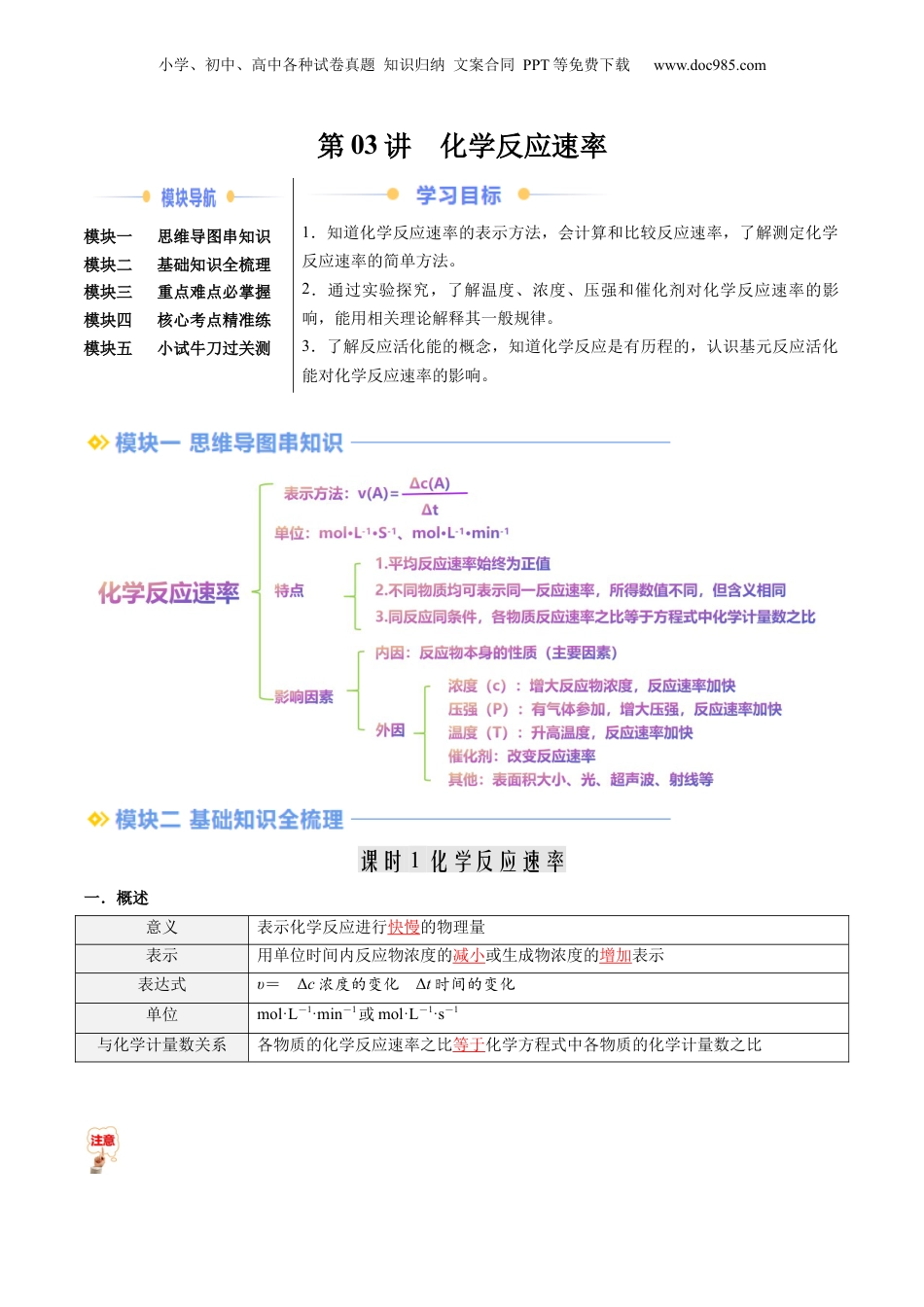 【暑假衔接】新高二化学暑假精品课第2部分-预习-第03讲 化学反应速率（教师版）-新高二化学暑假精品讲义（人教版）.docx