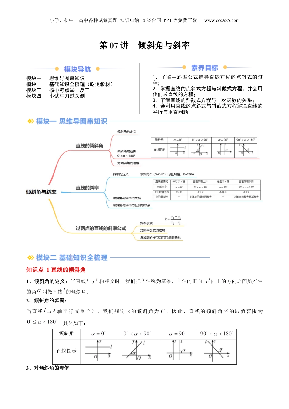 新高二数学暑假衔接第2部分-暑假预习-第07讲 倾斜角与斜率（教师版）-（人教A版）.docx
