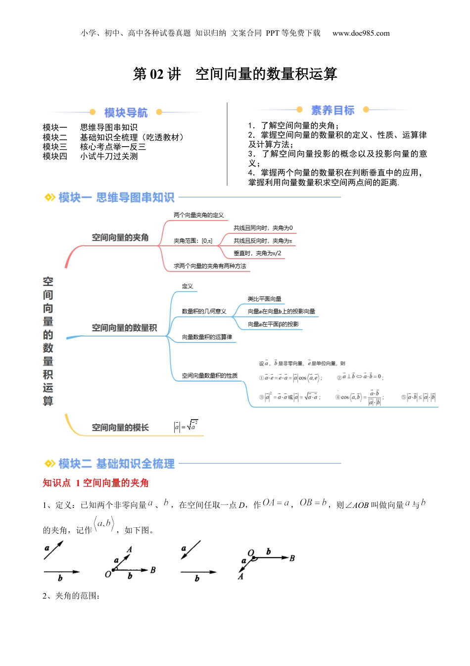 新高二数学暑假衔接第2部分-暑假预习-第02讲 空间向量的数量积运算（教师版）-（人教A版）.docx