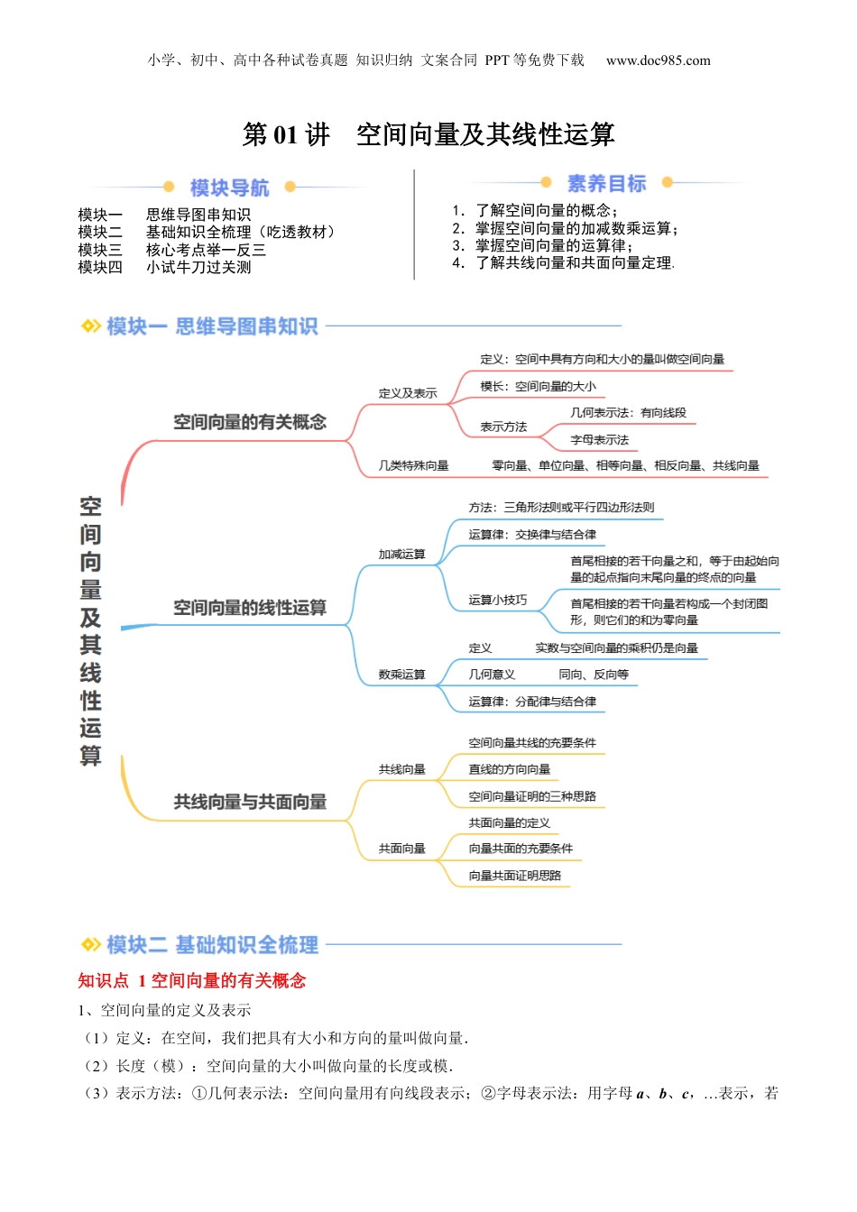 新高二数学暑假衔接第2部分-暑假预习-第01讲 空间向量及其线性运算（教师版）-（人教A版）.docx