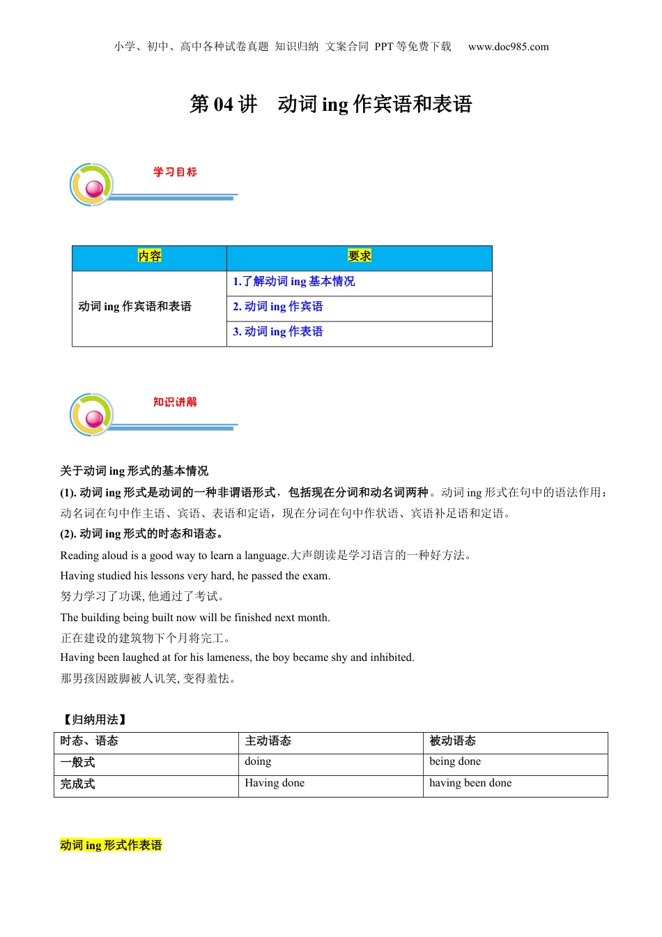 第1部分-暑假预习-第04讲 动词ing作宾语和表语（学生版）-新高二英语暑假讲义（人教版）.docx