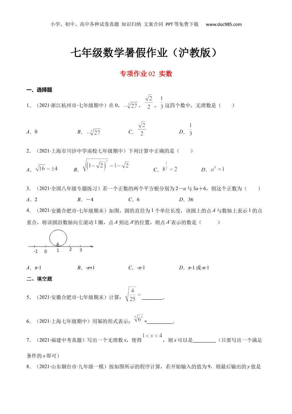 新8年级（七升八）-初中数学暑假衔接专项作业02 实数-七年级数学暑假作业（沪教版）（原卷版）.docx