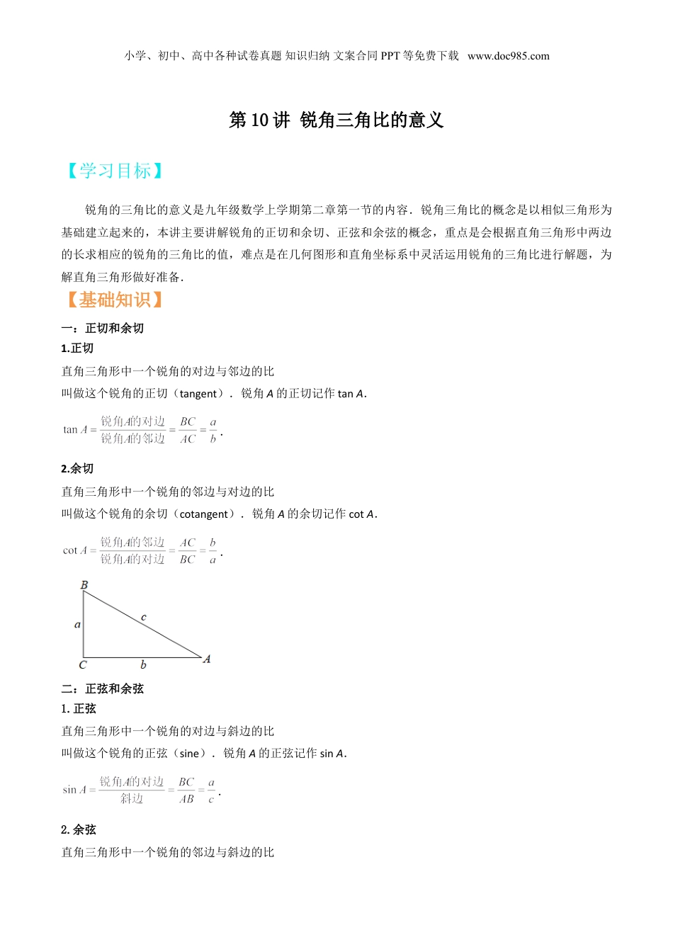 新9年级（八升九）-初中数学暑假衔接第10讲 锐角三角比的意义（解析版）.doc