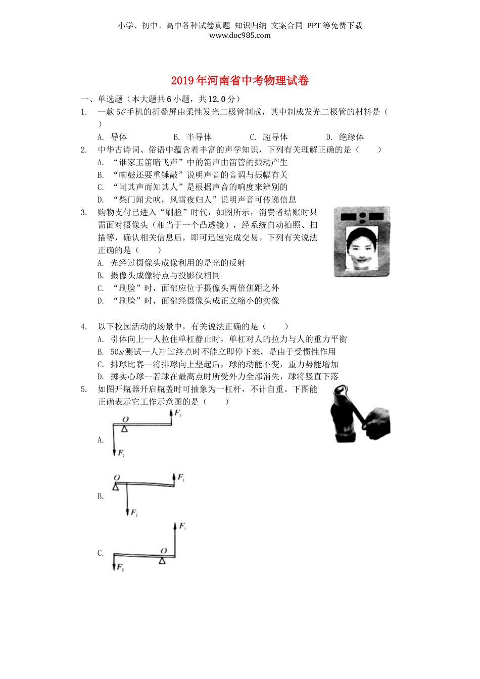 2019年河南省中考物理真题（解析卷）.docx