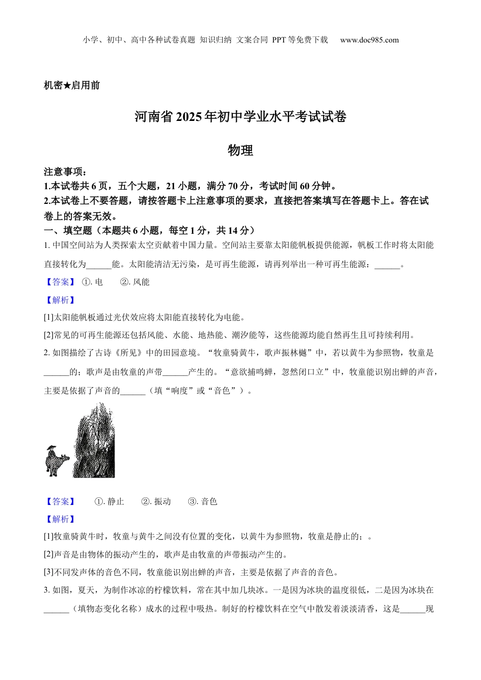 2025年河南省中考物理真题（解析卷）.docx